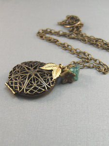 Woodland Flower,Brass Locket,Locket,Aquamarine,Brass Necklace, Scent,Brass. Handmade jewelery by Valleygirdesigsn.