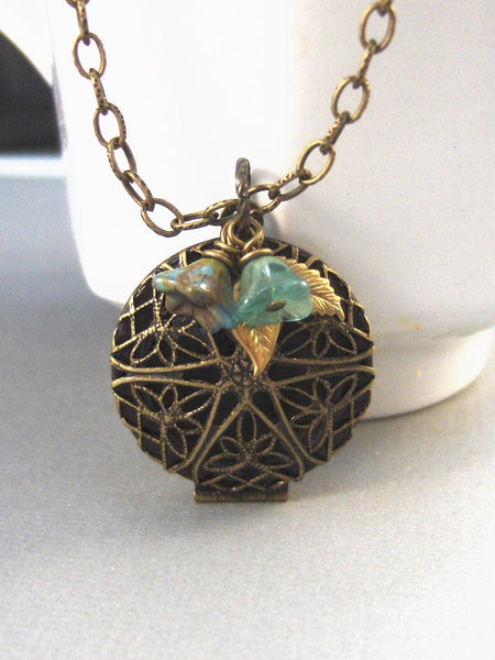 Woodland Flower,Brass Locket,Locket,Aquamarine,Brass Necklace, Scent,Brass. Handmade jewelery by Valleygirdesigsn.