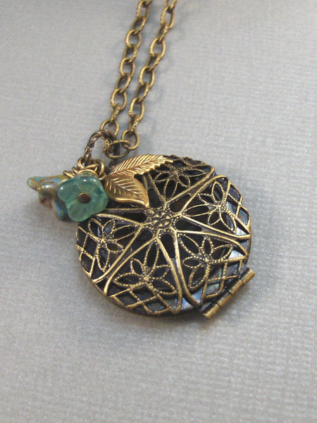 Woodland Flower,Brass Locket,Locket,Aquamarine,Brass Necklace, Scent,Brass. Handmade jewelery by Valleygirdesigsn.