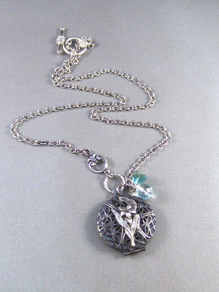 Calliope,Silver Locket,Locket,Antique Locket,Filigree,Silver,Scent,Aquamarine,Quartz,Iris. Handmade jewelery by valleygirldesigns on Etsy.