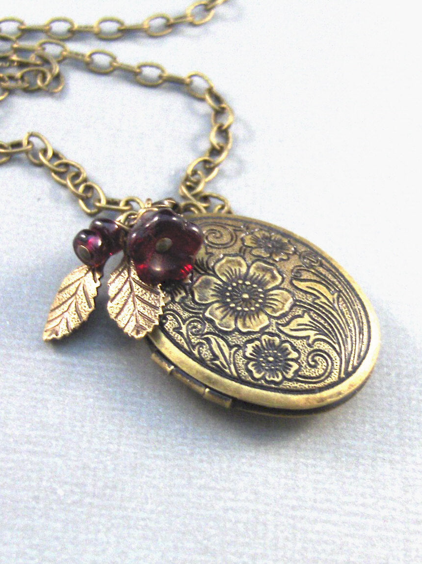 Cinnabar,Brass Locket,Locket,Antique Locket,Filigree Locket,Brass Necklace,Garnet. Handmade jewelry by Valleygirldesigns.