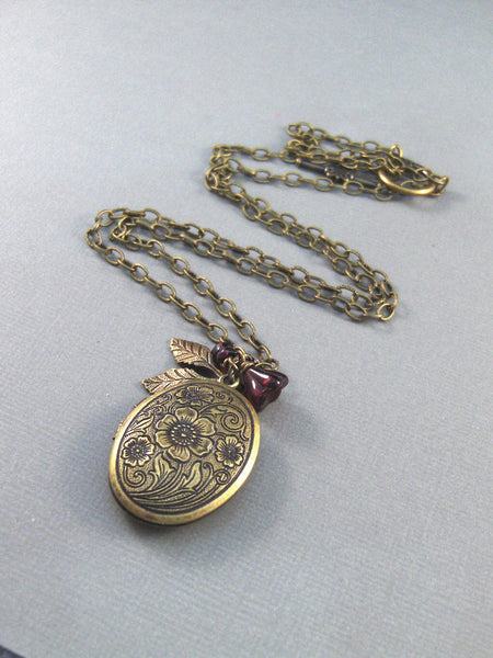 Cinnabar,Brass Locket,Locket,Antique Locket,Filigree Locket,Brass Necklace,Garnet. Handmade jewelry by Valleygirldesigns.