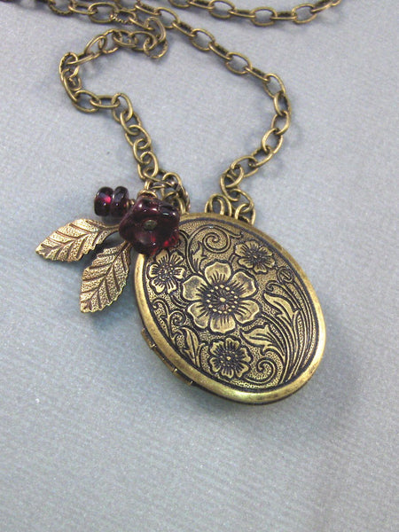 Cinnabar,Brass Locket,Locket,Antique Locket,Filigree Locket,Brass Necklace,Garnet. Handmade jewelry by Valleygirldesigns.