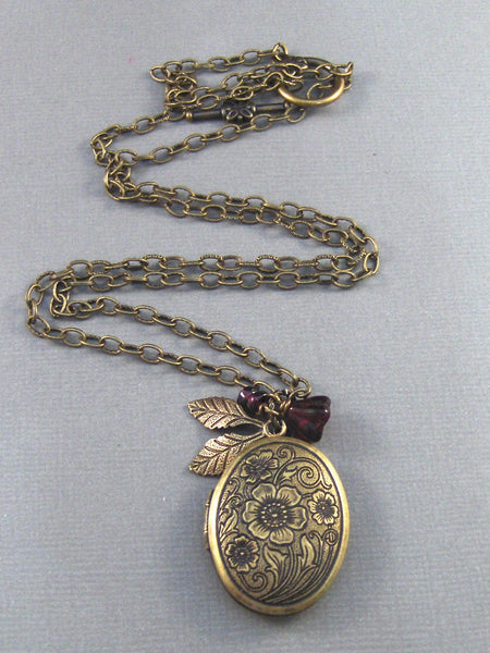 Cinnabar,Brass Locket,Locket,Antique Locket,Filigree Locket,Brass Necklace,Garnet. Handmade jewelry by Valleygirldesigns.