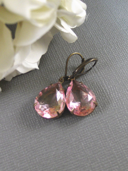 Farrah,Earrings,Vintage Earrings,Brass Earring,Pink,Rhinestone Earrings,Wedding. Handmade jewelry by valleygirldesigns.