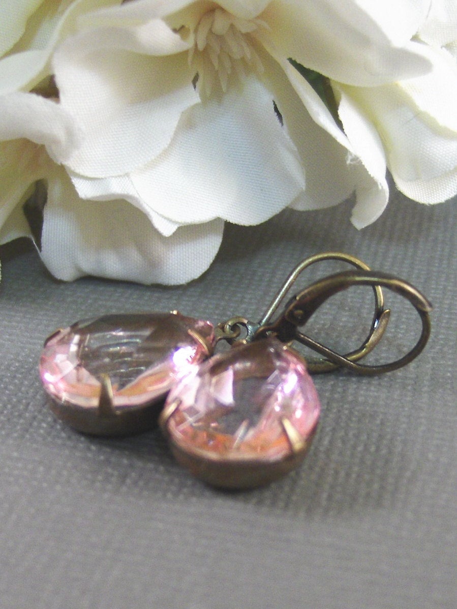 Farrah,Earrings,Vintage Earrings,Brass Earring,Pink,Rhinestone Earrings,Wedding. Handmade jewelry by valleygirldesigns.