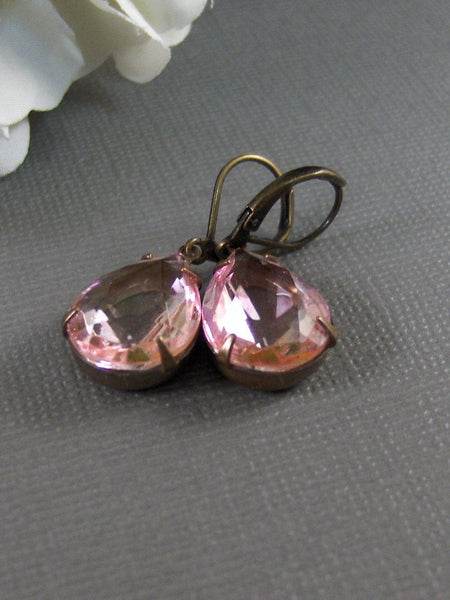 Farrah,Earrings,Vintage Earrings,Brass Earring,Pink,Rhinestone Earrings,Wedding. Handmade jewelry by valleygirldesigns.