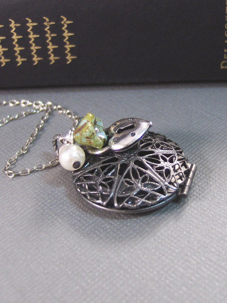 Calipso,Locket,Silver Locket,Antique Locket,Filigree,Pearl,Green,Auqa, Flower. Handmade jewelry by valleygirldesigns.