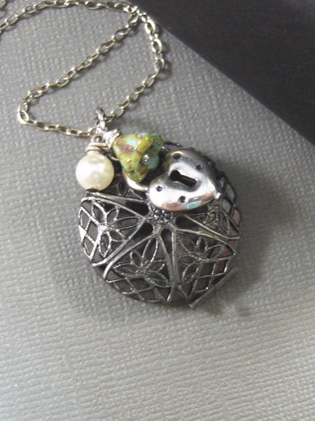 Calipso,Locket,Silver Locket,Antique Locket,Filigree,Pearl,Green,Auqa, Flower. Handmade jewelry by valleygirldesigns.