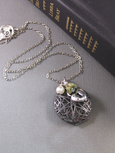 Calipso,Locket,Silver Locket,Antique Locket,Filigree,Pearl,Green,Auqa, Flower. Handmade jewelry by valleygirldesigns.