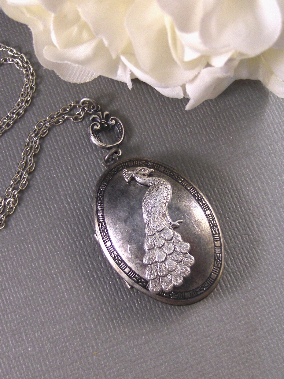 Pretty Plume,Silver Locket,Antique Locket,Peacock, Locket Necklace,Peacock,Bird. Handmade Jewlery by valleygirldesigns on Etsy.