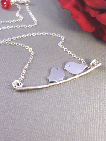Karina,Necklace,Sterling Silver,Two,Bird,Silver Necklace, Red Flower, Kissing,Wedding. Handmade Jewelry by valleygirldesigns on Etsy.