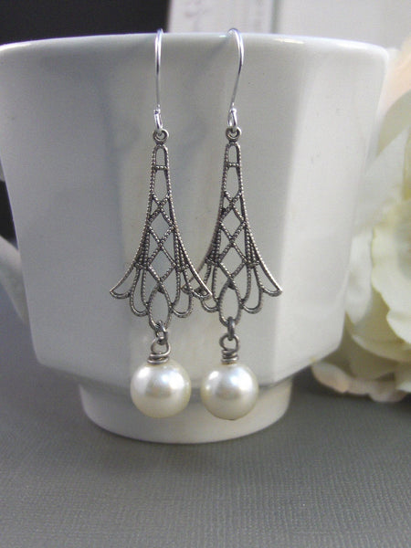 Wavelynn, Pearl Earrings,Silver Earrings,Antiqued Earrings,Pearl,White,Ivory,Antique Silver. Handmade jewelry by valleygirldesigns.