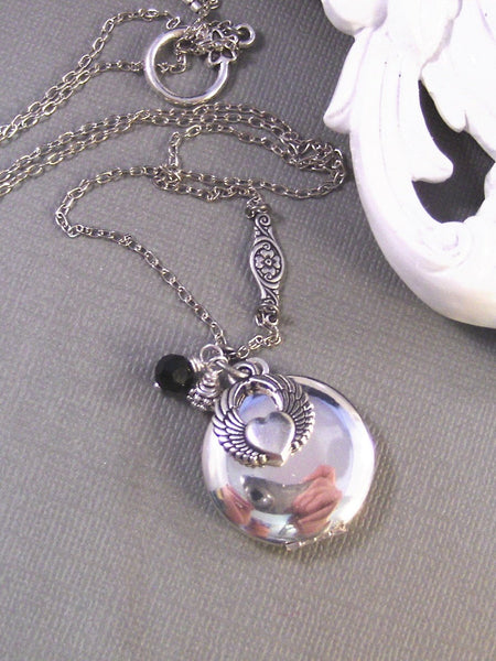 Aphrodite,Locket,Silver Locket,Black,Wings,Heart, Wing Locket,Antique Locket. Handmade jewelery by valleygirldesigns.