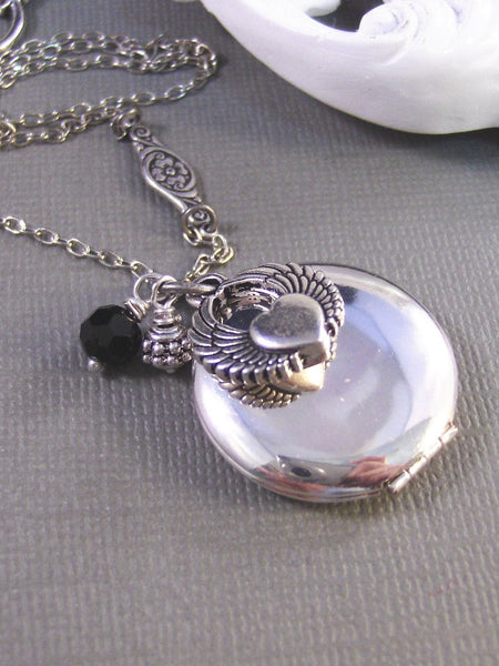 Aphrodite,Locket,Silver Locket,Black,Wings,Heart, Wing Locket,Antique Locket. Handmade jewelery by valleygirldesigns.