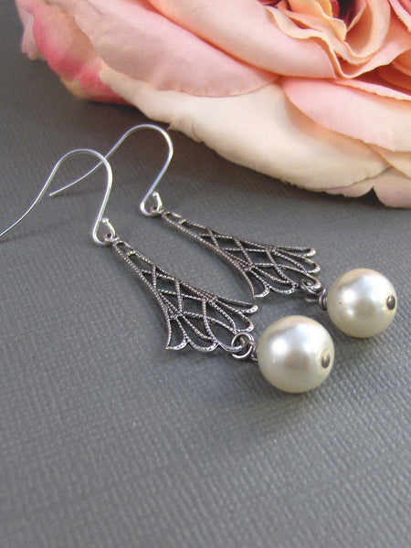 Wavelynn, Pearl Earrings,Silver Earrings,Antiqued Earrings,Pearl,White,Ivory,Antique Silver. Handmade jewelry by valleygirldesigns.