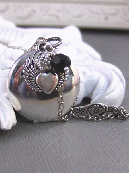 Aphrodite,Locket,Silver Locket,Black,Wings,Heart, Wing Locket,Antique Locket. Handmade jewelery by valleygirldesigns.