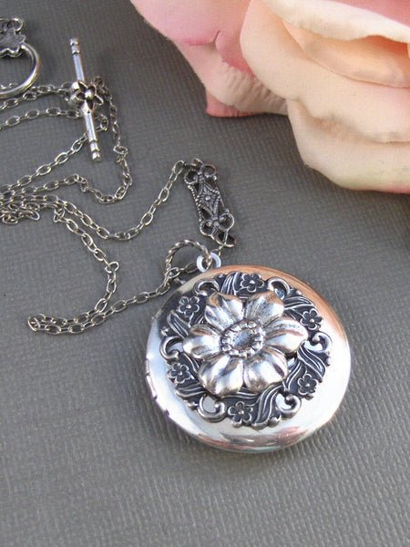 Antique Poppy, Locket,Silver Locket,Antique Locket,Flower Locket.,Poppy, Flower. Handmade Jewelry by ValleyGirlDesigns.