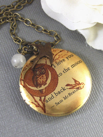 Moonlight Owl,Brass Locket,Quote, Locket,Owl,Love,Bird,Moonstone,Antiqued Locket,Baby. Handmade jewelry by valleygirldesigns.