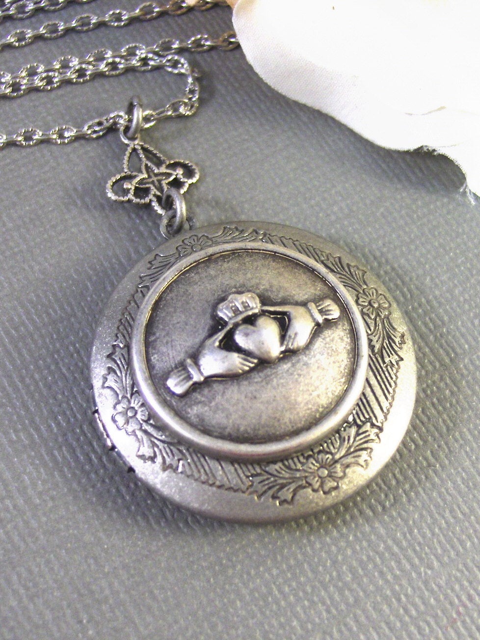 Irish Princess,Locket,Claddagh, Antique Locket,Silver Locket,Heart,Crown, Irish,Lucky, Shamrock,Love. Handmade jewelry by valleygirldesigns