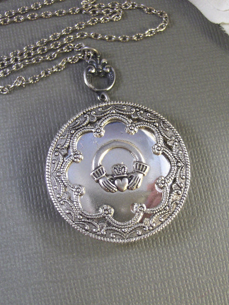 Lucky Girl,Claddagh,Claddagh Necklace,Claddagh Locket,Claddagh Jewelry,Irish Necklace,Irish Jewelry,Antique Locket,Silver valleygirldesigns