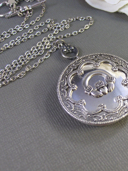 Lucky Girl,Claddagh,Claddagh Necklace,Claddagh Locket,Claddagh Jewelry,Irish Necklace,Irish Jewelry,Antique Locket,Silver valleygirldesigns