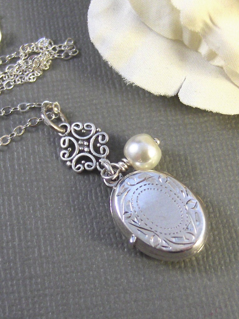 SALE Gabrielle,Locket,Silver Locket,Sterling Silver Locket,Sterling Silver,Pearl,Wedding Jewelry.Pearl Necklace,delicatevalleygirldesigns.