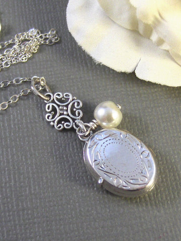 SALE Gabrielle,Locket,Silver Locket,Sterling Silver Locket,Sterling Silver,Pearl,Wedding Jewelry.Pearl Necklace,delicatevalleygirldesigns.