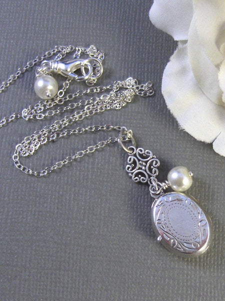 SALE Gabrielle,Locket,Silver Locket,Sterling Silver Locket,Sterling Silver,Pearl,Wedding Jewelry.Pearl Necklace,delicatevalleygirldesigns.