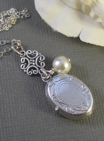 SALE Gabrielle,Locket,Silver Locket,Sterling Silver Locket,Sterling Silver,Pearl,Wedding Jewelry.Pearl Necklace,delicatevalleygirldesigns.