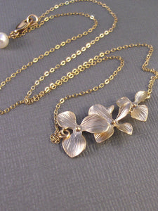 Golden Blossom,Blossom Necklace,Orchid Necklace,Gold Flower Necklace,Triple Flower,Gold,Gold Flower,Gold Necklace,valleygirldesigns