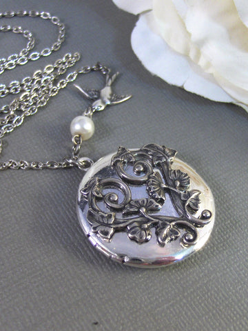 Morning Glory,Locket,Antique Locket,Silver Locket,Bird,Bird Locket,Flower Locket. Handmade jewelry by Valleygirldesigns.