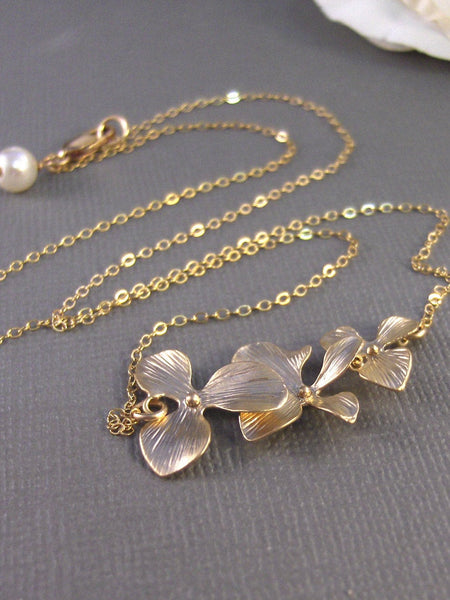 Golden Blossom,Blossom Necklace,Orchid Necklace,Gold Flower Necklace,Triple Flower,Gold,Gold Flower,Gold Necklace,valleygirldesigns
