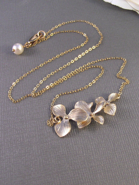Golden Blossom,Blossom Necklace,Orchid Necklace,Gold Flower Necklace,Triple Flower,Gold,Gold Flower,Gold Necklace,valleygirldesigns