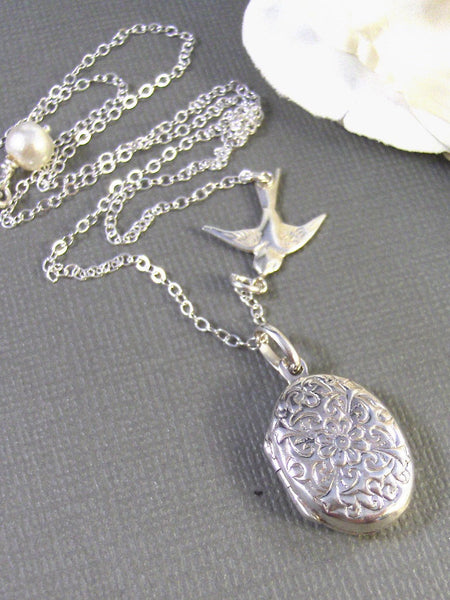 Alouette,Locket,Silver Locket,Sterling Silver Locket,Sterling Silver,Bird,Wedding Jewelry. Handmade jewelry by valleygirldesigns.