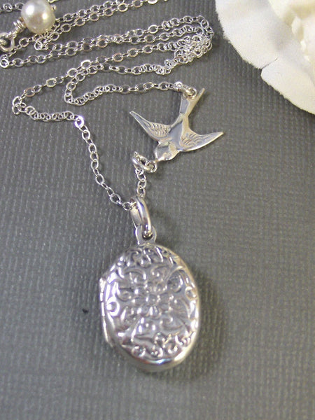 Alouette,Locket,Silver Locket,Sterling Silver Locket,Sterling Silver,Bird,Wedding Jewelry. Handmade jewelry by valleygirldesigns.