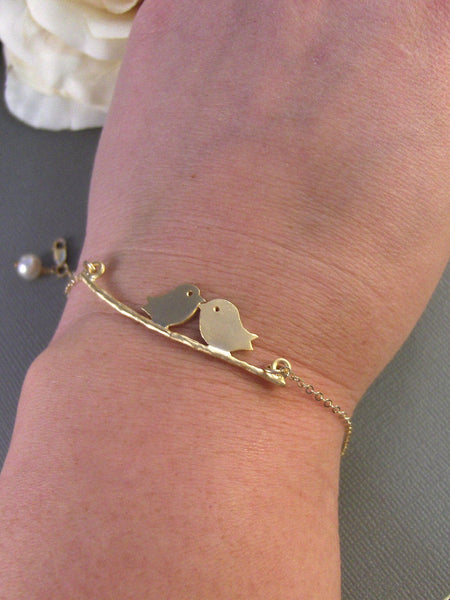Gold Love Birds,Gold Filled,Gold, Branch,Gold Bracelet,Bird,Family,Bride,Wedding. Handmade jewelry by valleygirldesigns on Etsy.