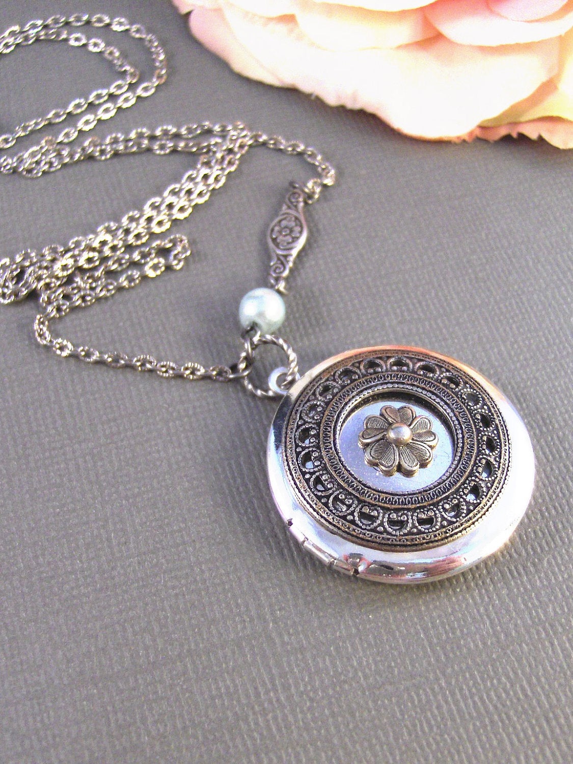 Sea Blossom,Locket,Antique Locket,Silver Locket,Posey,Poppy, Locket,Blossom. Handmade jewelry by Valleygirldesigns.