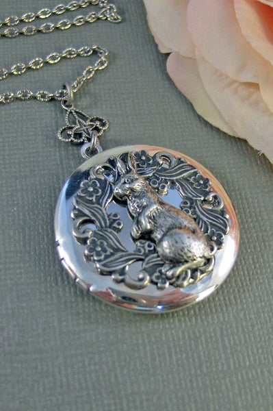 Woodland Rabbit,Rabbit,Locket,Silver Locket,Silver Necklace,Bunny,Silver,Woodland,Antique Locket. Handmade jewelry by valleygirldesigns.