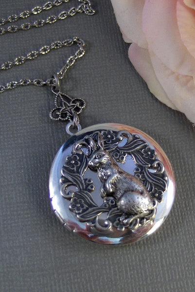 Woodland Rabbit,Rabbit,Locket,Silver Locket,Silver Necklace,Bunny,Silver,Woodland,Antique Locket. Handmade jewelry by valleygirldesigns.