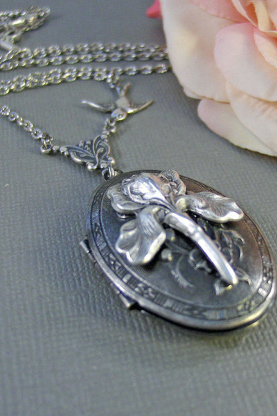 Iris, Silver Locket, Antique Locket,Locket,Flower,Bird,Purple,Spring,Bride,Bridesmaid.  Handmade jewelery by valleygirldesigns on Etsy.