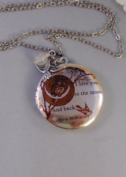 Moonlight Owl,Silver Locket,Quote, Locket,Owl,Love,Bird,Moonstone,Antiqued Locket,Baby. Handmade jewelry by valleygirldesigns.