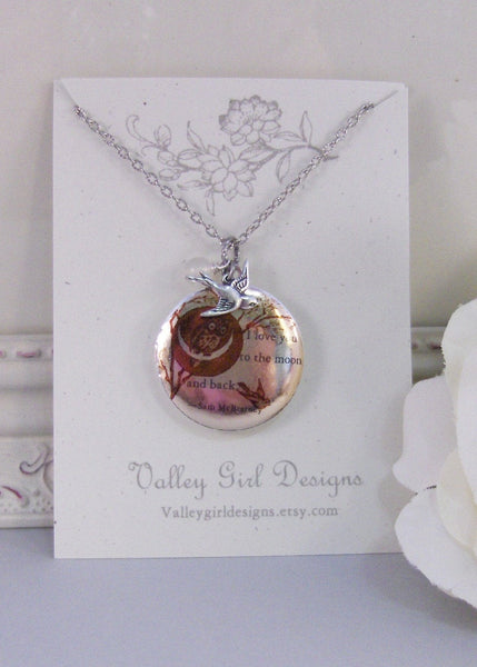 Moonlight Owl,Silver Locket,Quote, Locket,Owl,Love,Bird,Moonstone,Antiqued Locket,Baby. Handmade jewelry by valleygirldesigns.