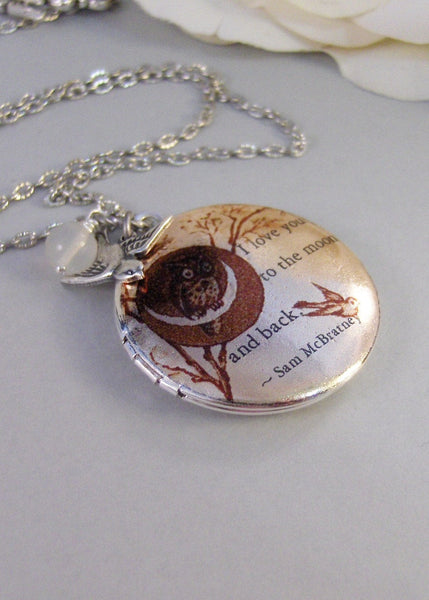 Moonlight Owl,Silver Locket,Quote, Locket,Owl,Love,Bird,Moonstone,Antiqued Locket,Baby. Handmade jewelry by valleygirldesigns.