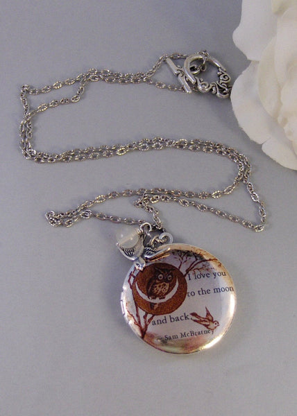Moonlight Owl,Silver Locket,Quote, Locket,Owl,Love,Bird,Moonstone,Antiqued Locket,Baby. Handmade jewelry by valleygirldesigns.
