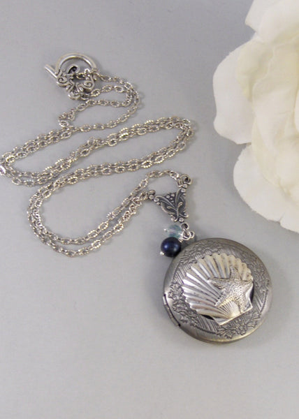 Oceans Pearl,Silver Locket,Locket, Antique Locket,Shell,Necklace,Victorian Locket,Pearl. Handmade jewelry by valleygirldesigns.