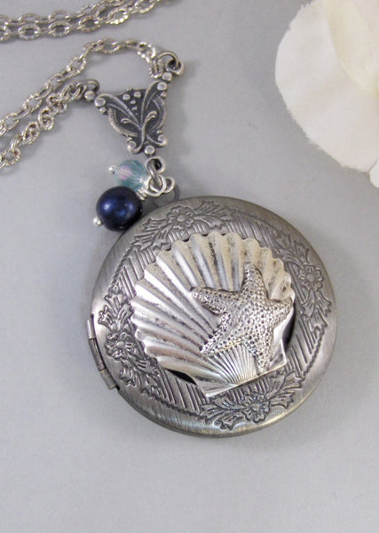 Oceans Pearl,Silver Locket,Locket, Antique Locket,Shell,Necklace,Victorian Locket,Pearl. Handmade jewelry by valleygirldesigns.