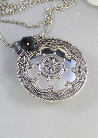 Ariels Grotto, Locket,Silver Locket,Antique Locket,Flower Locket.,Ship,Wheel,Blue, Flower. Handmade Jewelry by ValleyGirlDesigns.