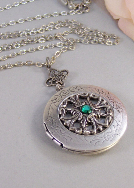 Irish Tailsman,Emerald, Antique Locket,Silver Locket,Heart,Celtic, Irish,Lucky, Shamrock,Love. Handmade jewelry by valleygirldesigns