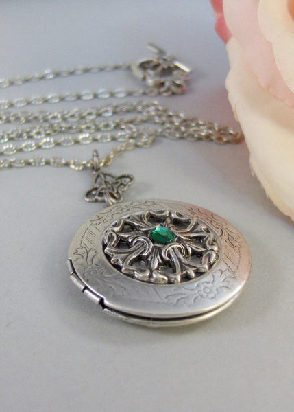 Irish Tailsman,Emerald, Antique Locket,Silver Locket,Heart,Celtic, Irish,Lucky, Shamrock,Love. Handmade jewelry by valleygirldesigns